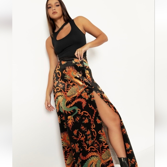 Blackmilk Dresses & Skirts - Blackmilk Maxi Skirt with Orange & Green Dragon Print
